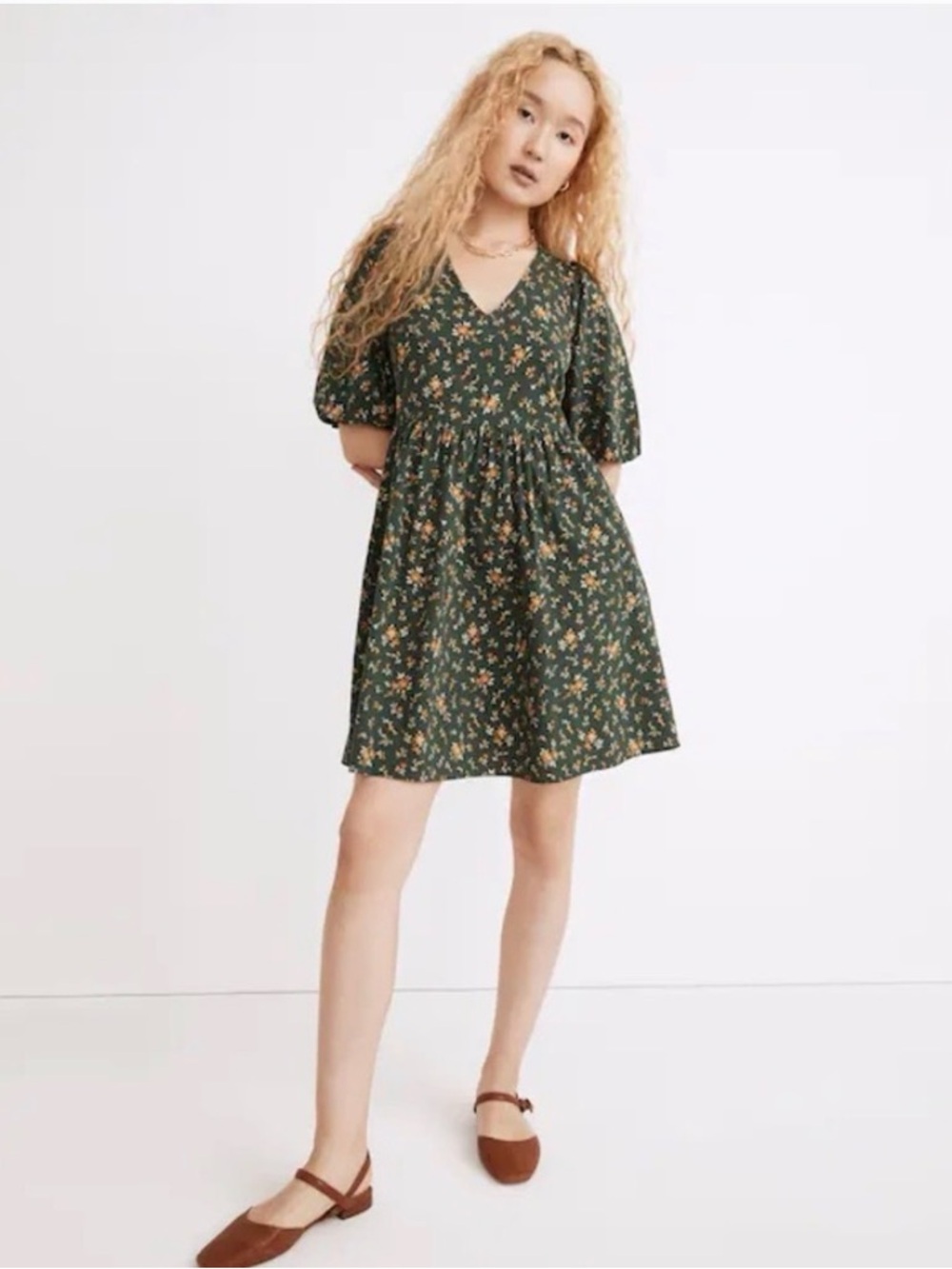 Poplin V-Neck Bubble-Sleeve Mini Dress in Fresh Sprigs size 0